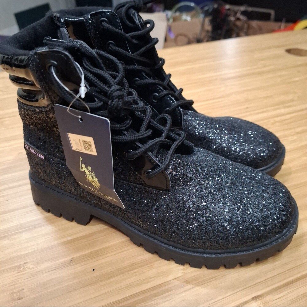 U.S. Polo Assn. Girls Black Glitter Combat Boots Size 4Y Lace Up NWT Sparkle New